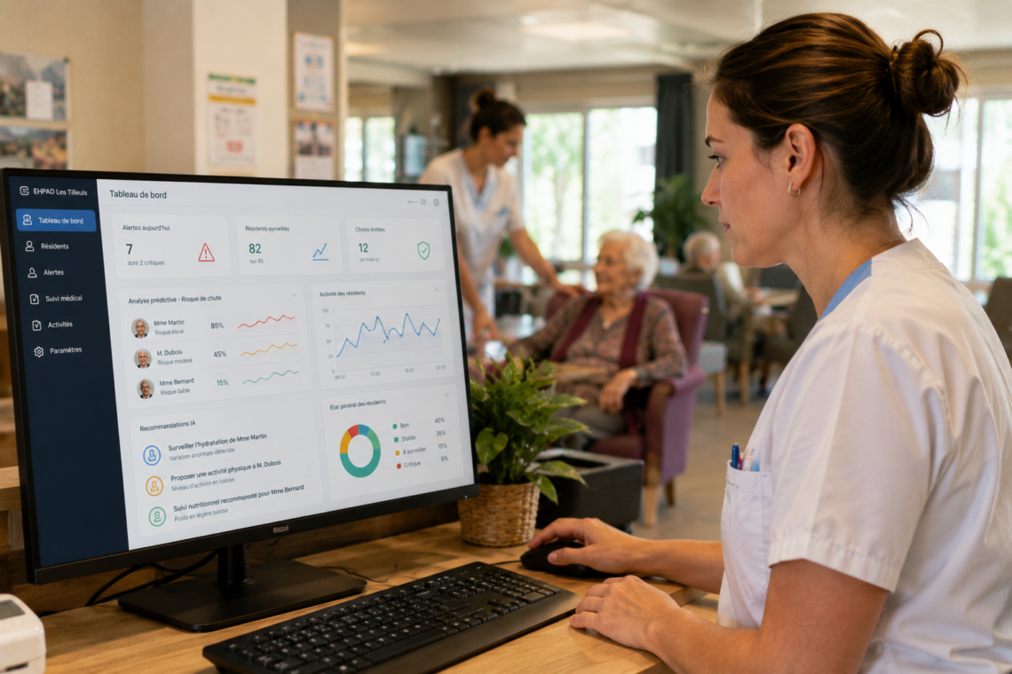 Soignante utilisant un ordinateur pour suivre la santé de ses patients.