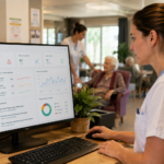 Soignante utilisant un ordinateur pour suivre la santé de ses patients.