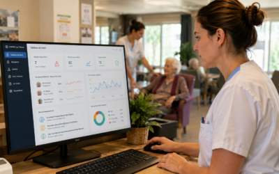 Soignante utilisant un ordinateur pour suivre la santé de ses patients.