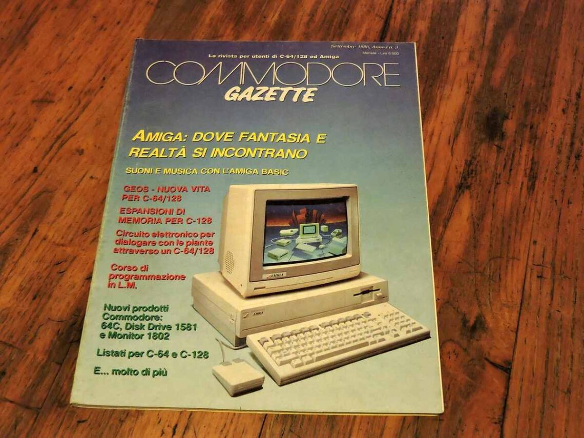 Couverture du magazine Commodore Gazette sur planche en bois
