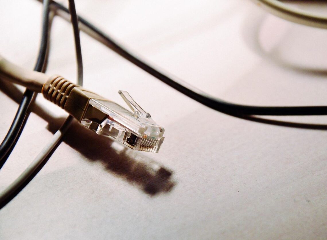Un connecteur RJ45 et plusieurs câbles noirs sur une surface claire